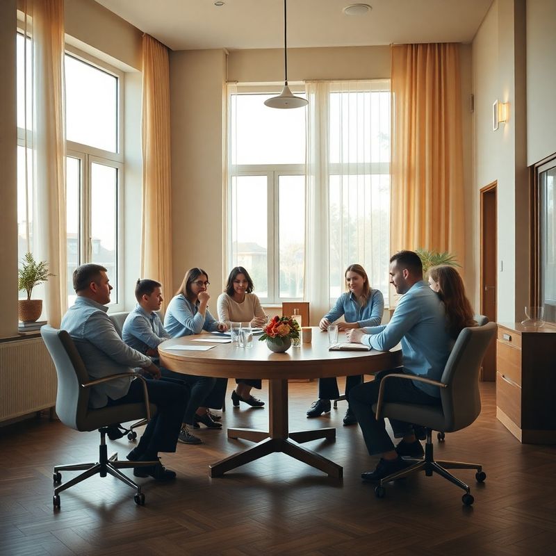 Familie așezată la o masă de conferință într-un birou discret din Transilvania, lumină naturală