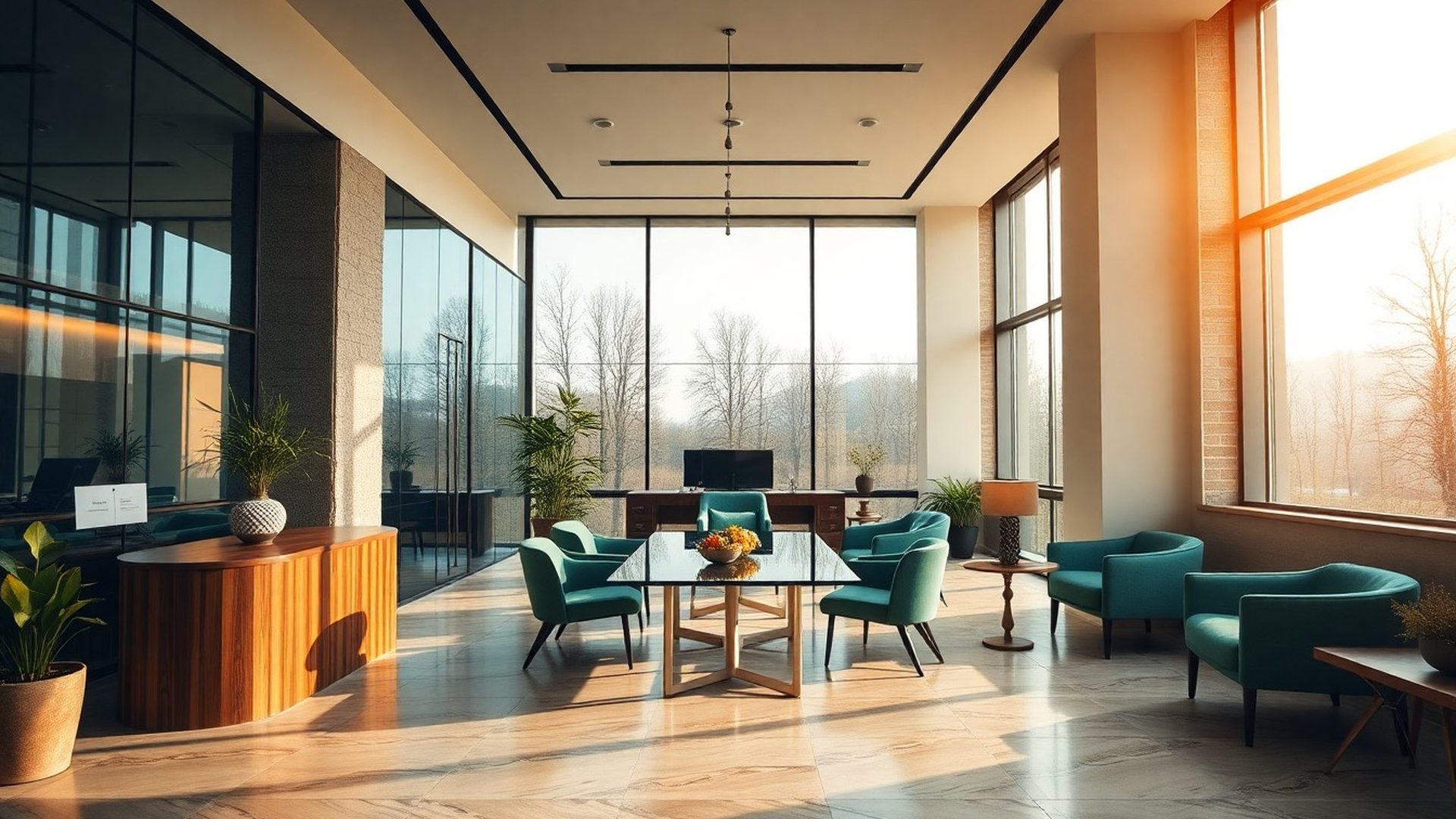 Interior editorial al biroului ConsultStride din Brașov, tonuri albastre profunde și cremă caldă